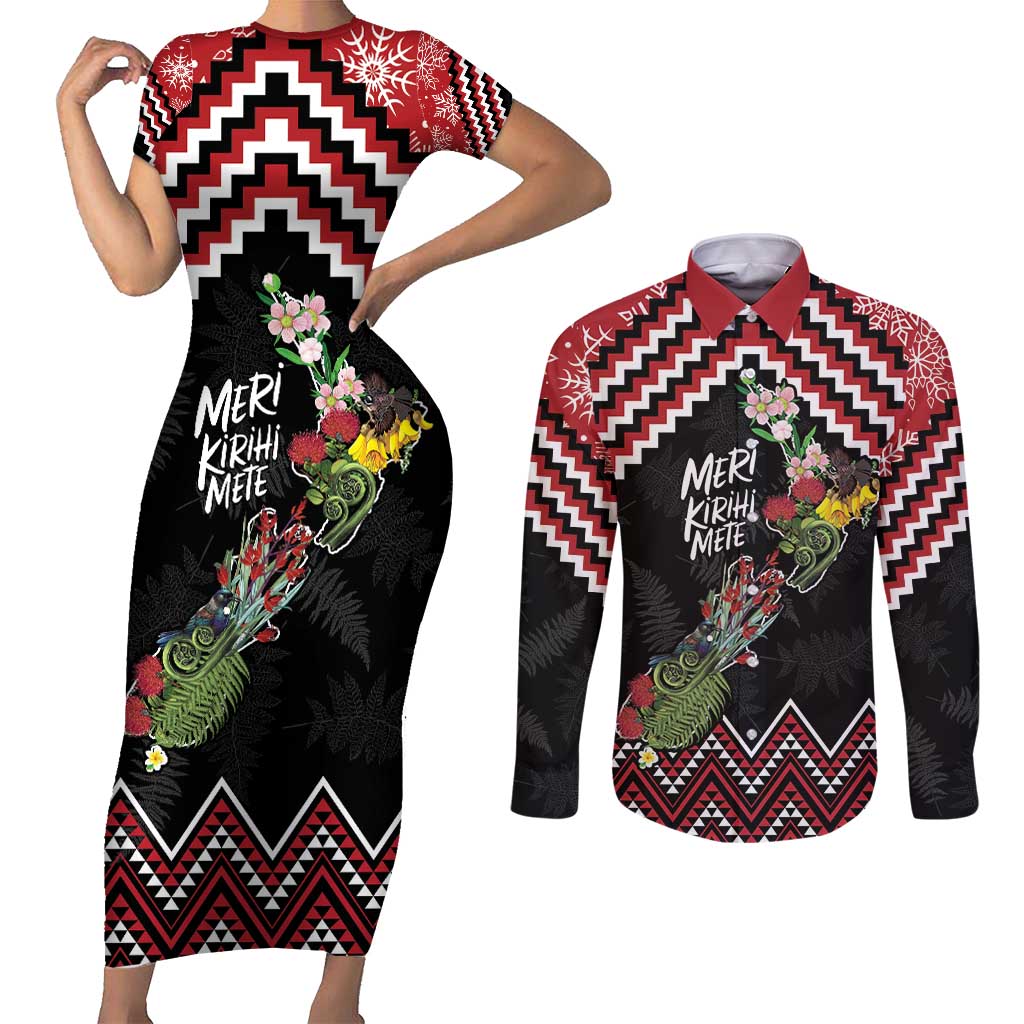 New Zealand Christmas Taniko Poutama Couples Matching Short Sleeve Bodycon Dress and Long Sleeve Button Shirt Flora Map with Birds - Polynesian Pride