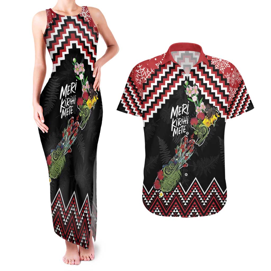 New Zealand Christmas Taniko Poutama Couples Matching Tank Maxi Dress and Hawaiian Shirt Flora Map with Birds - Polynesian Pride
