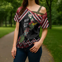 New Zealand Christmas Taniko Poutama Cross Shoulder Shirt Flora Map with Birds - Polynesian Pride