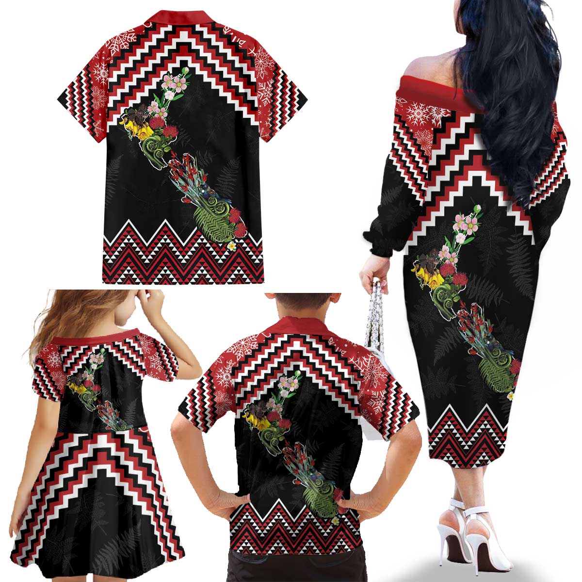 New Zealand Christmas Taniko Poutama Family Matching Off The Shoulder Long Sleeve Dress and Hawaiian Shirt Flora Map with Birds - Polynesian Pride