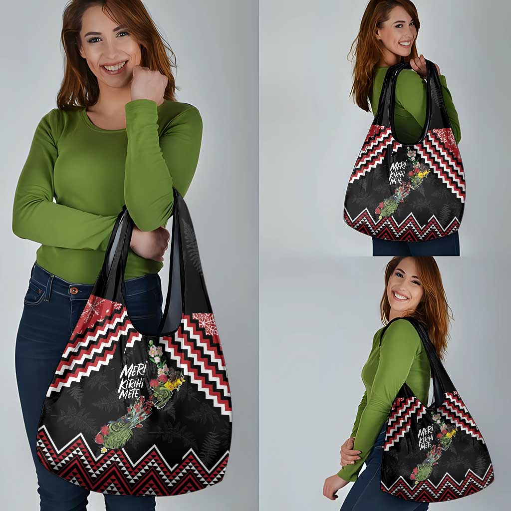 New Zealand Christmas Taniko Poutama Grocery Bag Flora Map with Birds - Polynesian Pride