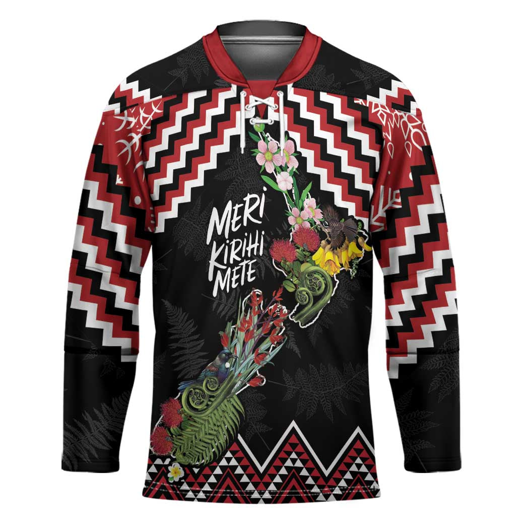 New Zealand Christmas Taniko Poutama Hockey Jersey Flora Map with Birds LT7 Unisex Red - Polynesian Pride