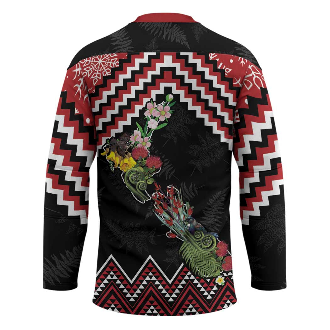 New Zealand Christmas Taniko Poutama Hockey Jersey Flora Map with Birds LT7 - Polynesian Pride