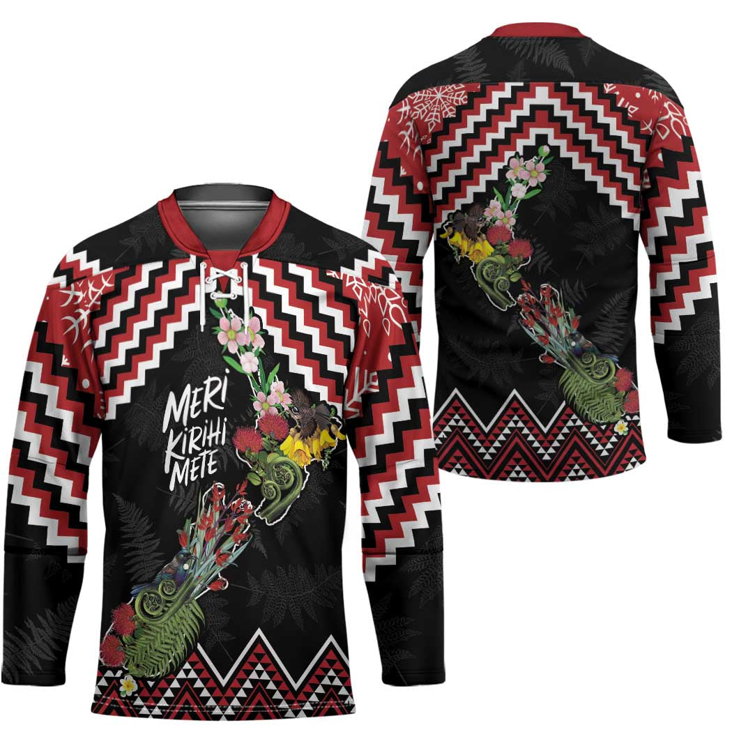 New Zealand Christmas Taniko Poutama Hockey Jersey Flora Map with Birds LT7 - Polynesian Pride