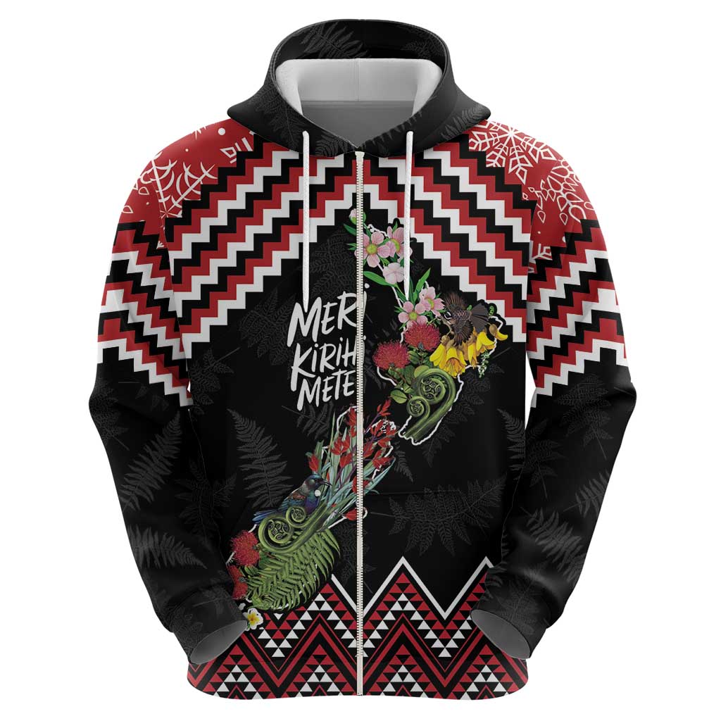 New Zealand Christmas Taniko Poutama Hoodie Flora Map with Birds - Polynesian Pride