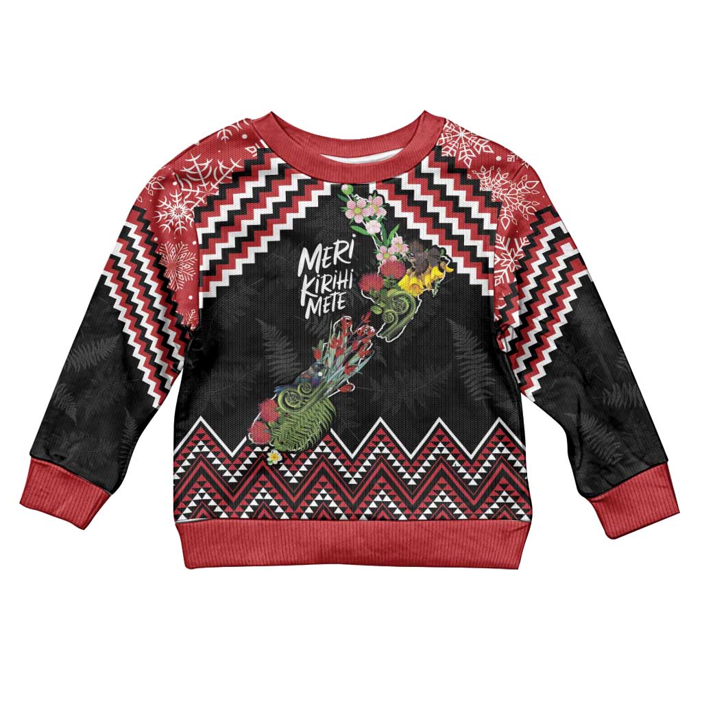 New Zealand Christmas Taniko Poutama Kid Ugly Christmas Sweater Flora Map with Birds LT7 Kid Red - Polynesian Pride