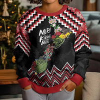New Zealand Christmas Taniko Poutama Kid Ugly Christmas Sweater Flora Map with Birds LT7 - Polynesian Pride