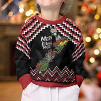 New Zealand Christmas Taniko Poutama Kid Ugly Christmas Sweater Flora Map with Birds LT7 - Polynesian Pride