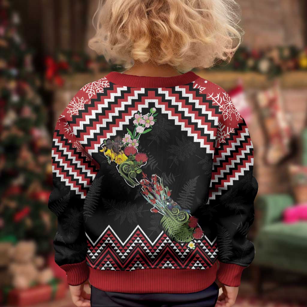 New Zealand Christmas Taniko Poutama Kid Ugly Christmas Sweater Flora Map with Birds LT7 - Polynesian Pride