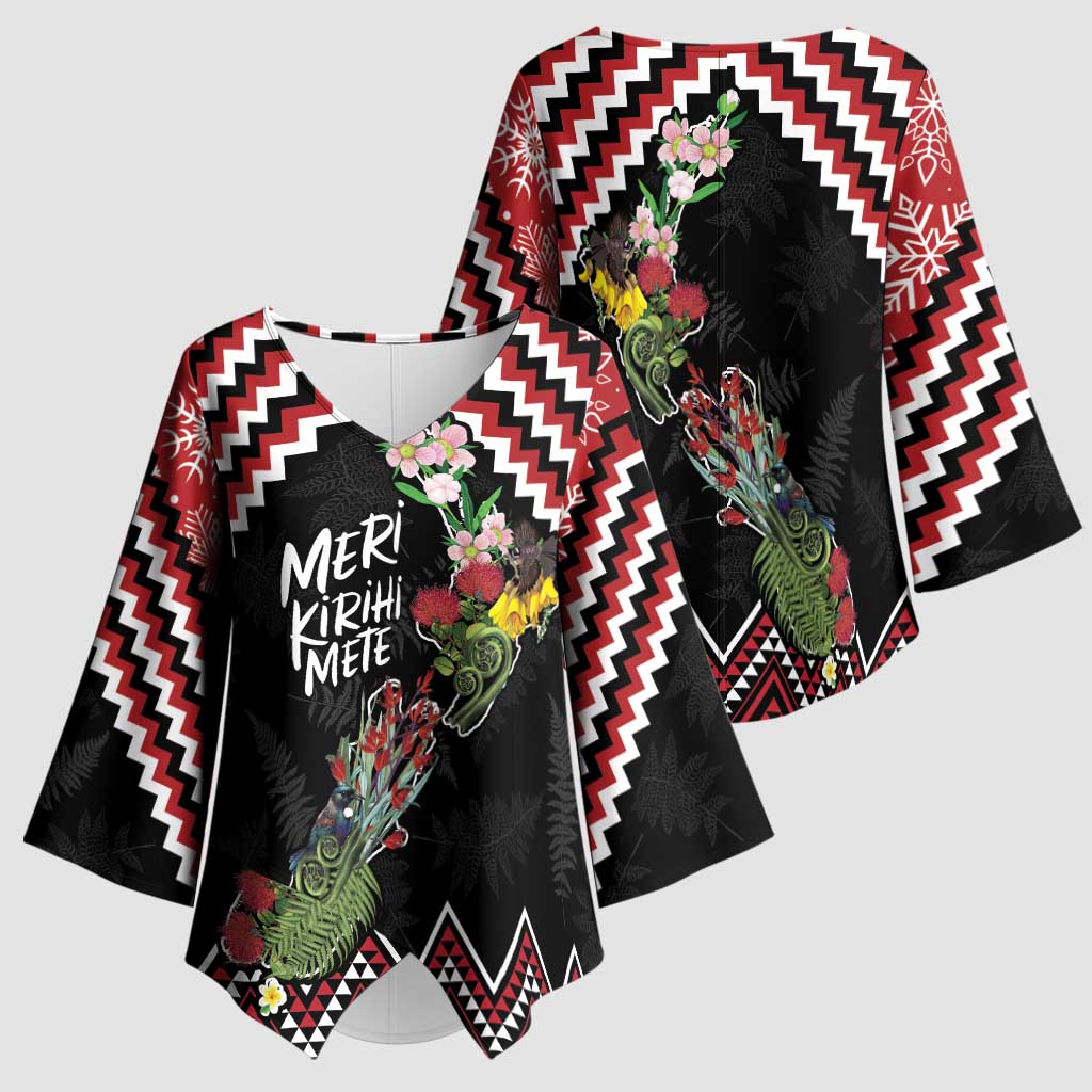 New Zealand Christmas Taniko Poutama Kimono Sleeve Blouse Flora Map with Birds - Polynesian Pride
