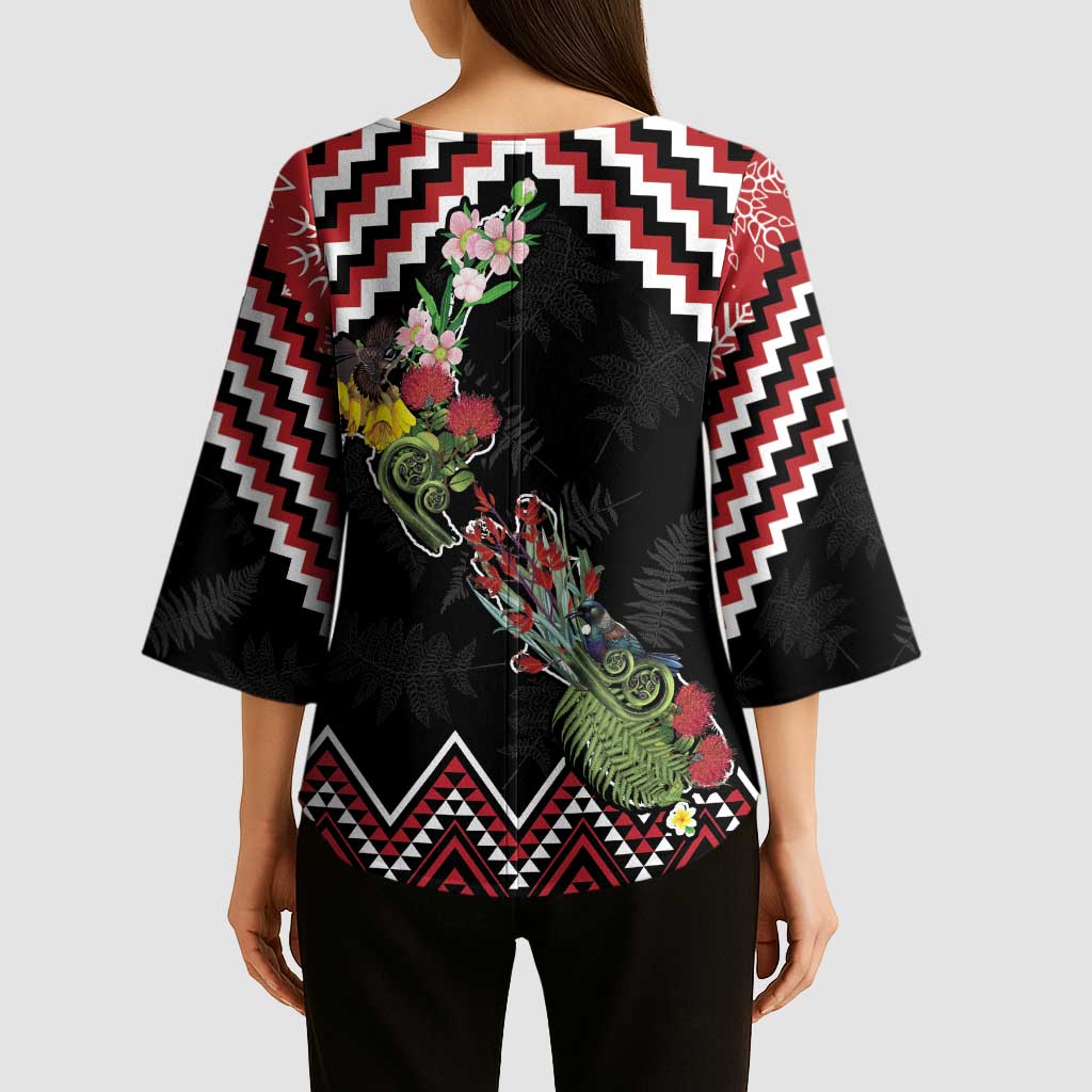 New Zealand Christmas Taniko Poutama Kimono Sleeve Blouse Flora Map with Birds - Polynesian Pride