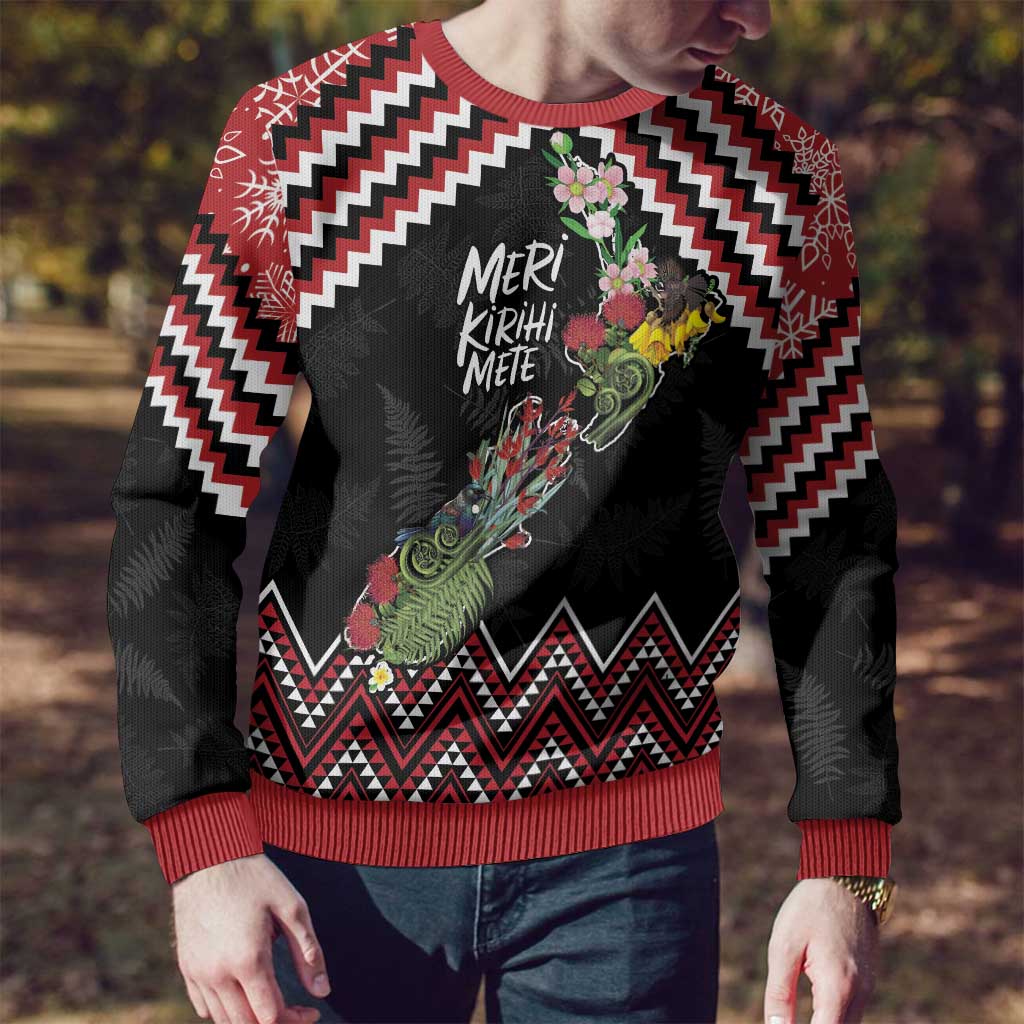 New Zealand Christmas Taniko Poutama Ugly Christmas Sweater Flora Map with Birds - Polynesian Pride