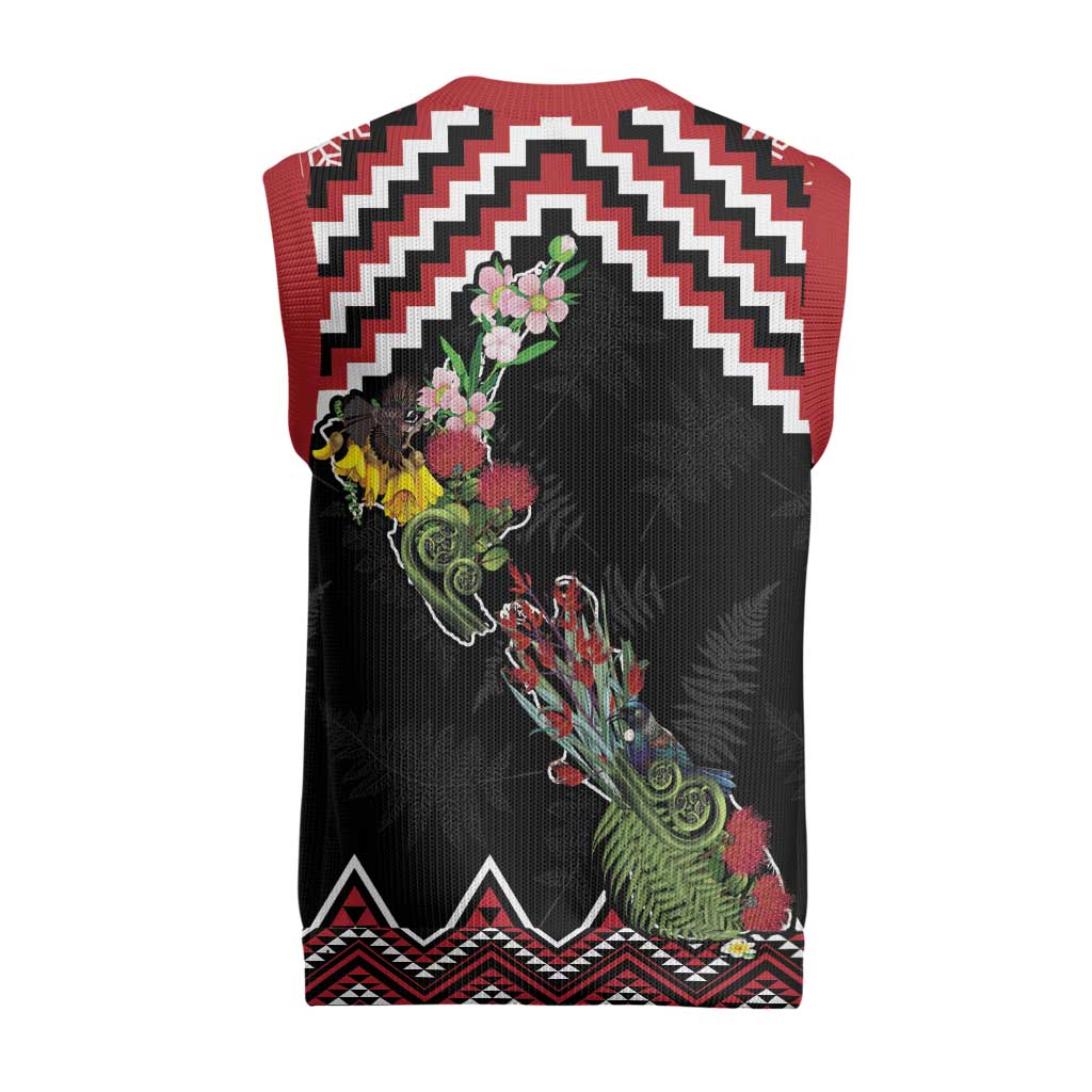 New Zealand Christmas Taniko Poutama Christmas Knitted V-Neck Vest Flora Map with Birds - Polynesian Pride