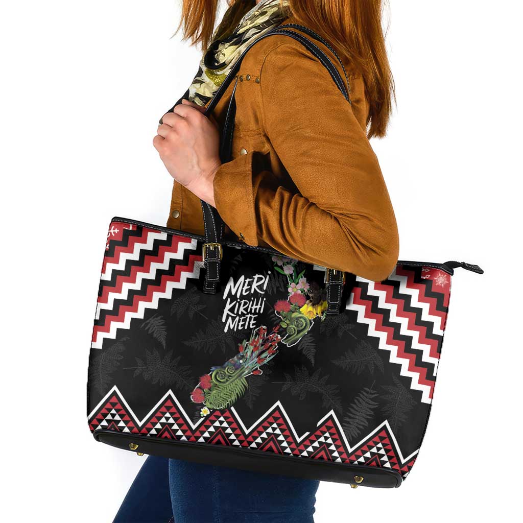 New Zealand Christmas Taniko Poutama Leather Tote Bag Flora Map with Birds - Polynesian Pride