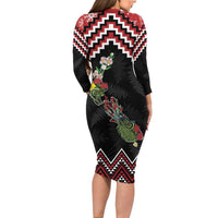 New Zealand Christmas Taniko Poutama Long Sleeve Bodycon Dress Flora Map with Birds LT7 - Polynesian Pride