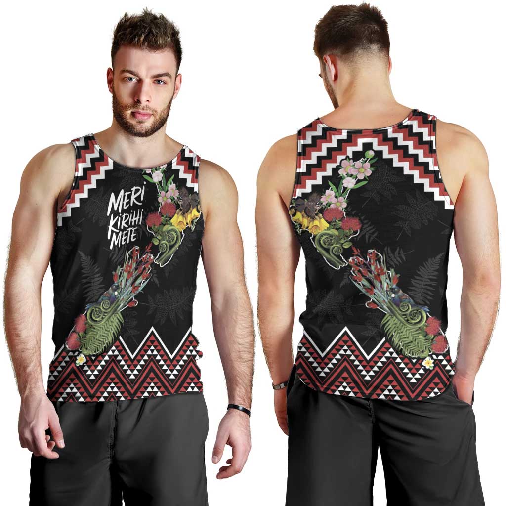New Zealand Christmas Taniko Poutama Men Tank Top Flora Map with Birds - Polynesian Pride