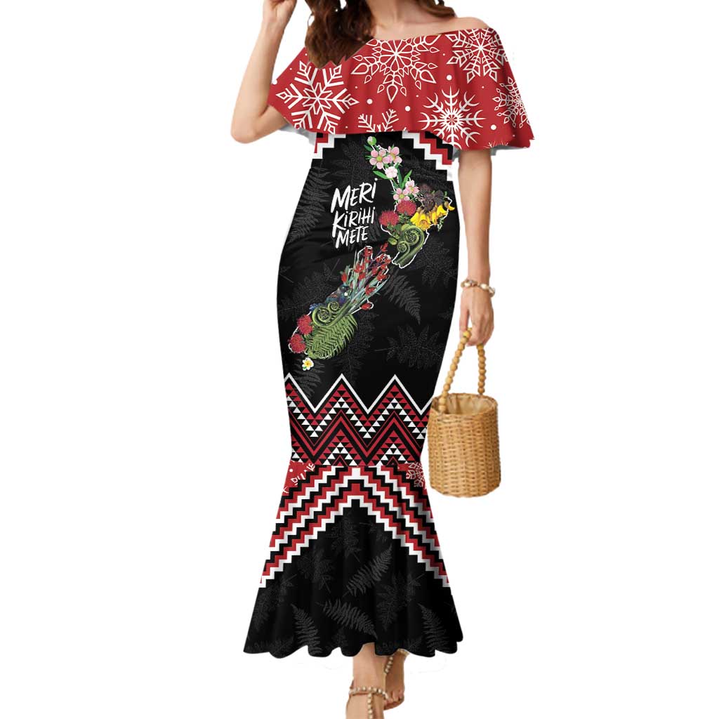 New Zealand Christmas Taniko Poutama Mermaid Dress Flora Map with Birds - Polynesian Pride