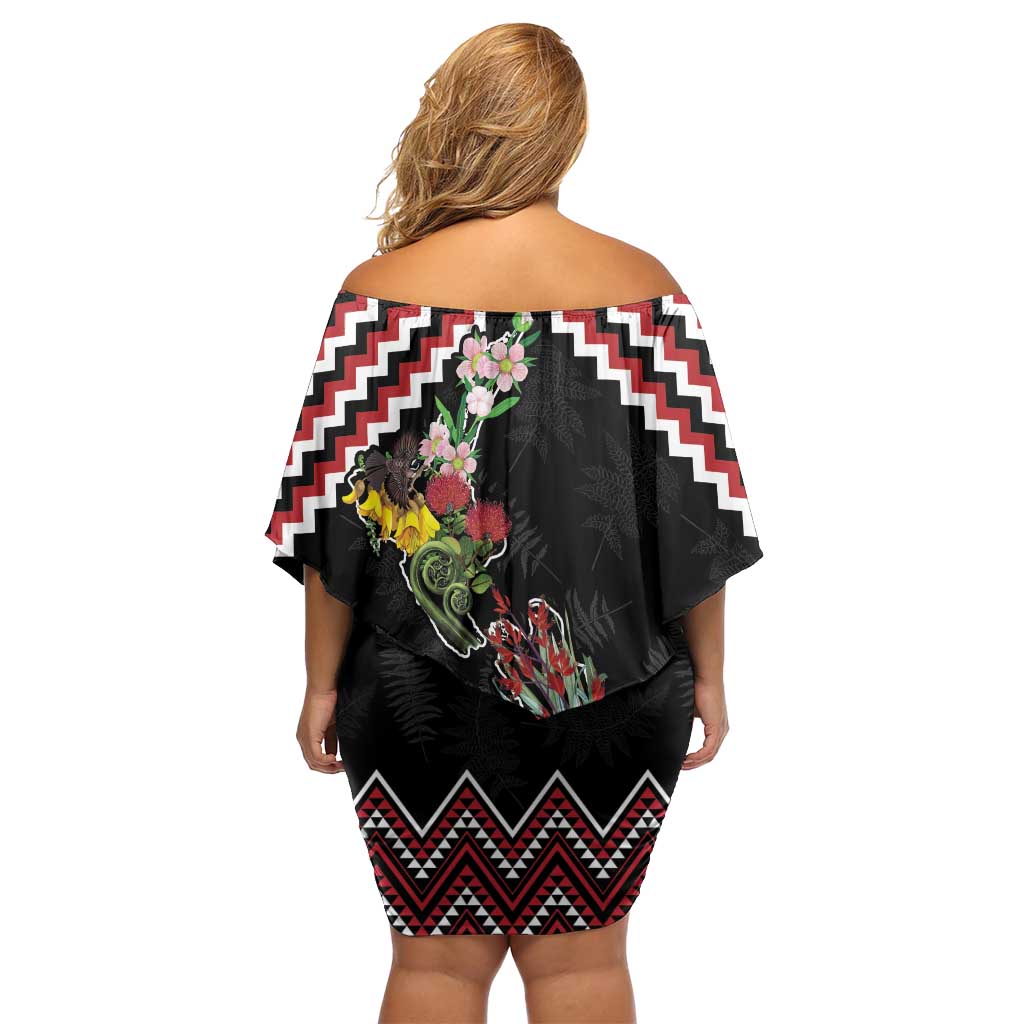 New Zealand Christmas Taniko Poutama Off Shoulder Short Dress Flora Map with Birds - Polynesian Pride