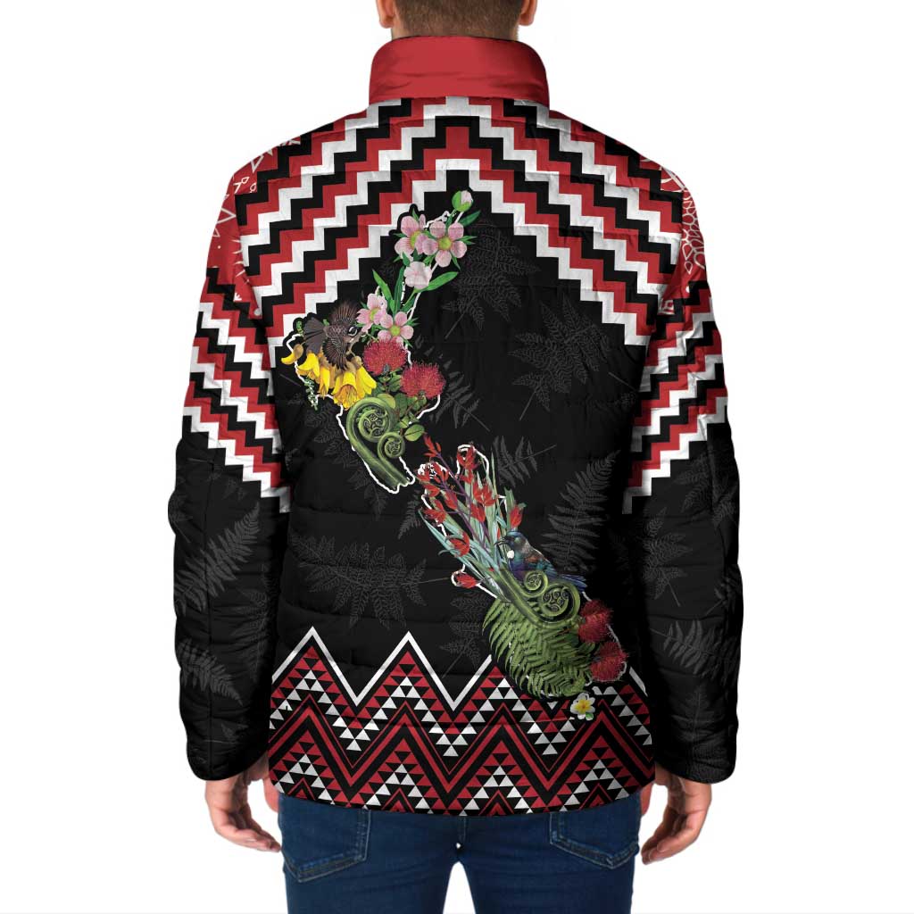 New Zealand Christmas Taniko Poutama Padded Jacket Flora Map with Birds - Polynesian Pride