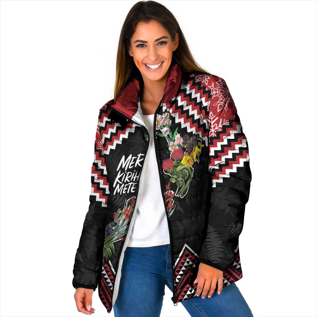 New Zealand Christmas Taniko Poutama Padded Jacket Flora Map with Birds - Polynesian Pride