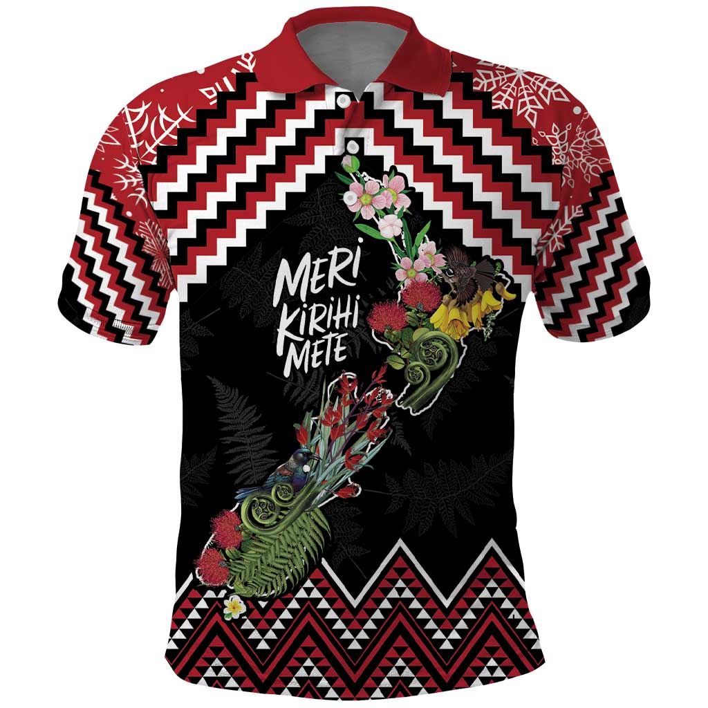 New Zealand Christmas Taniko Poutama Polo Shirt Flora Map with Birds - Polynesian Pride