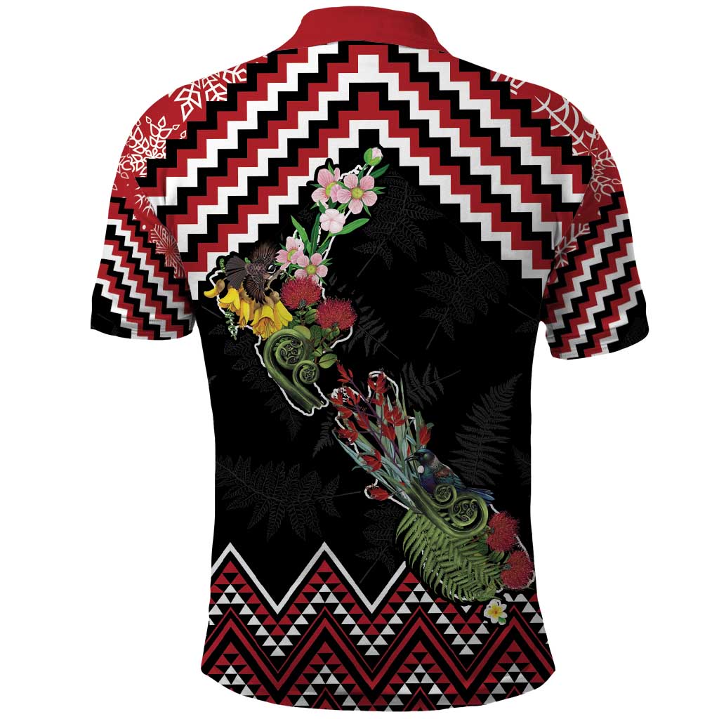 New Zealand Christmas Taniko Poutama Polo Shirt Flora Map with Birds - Polynesian Pride