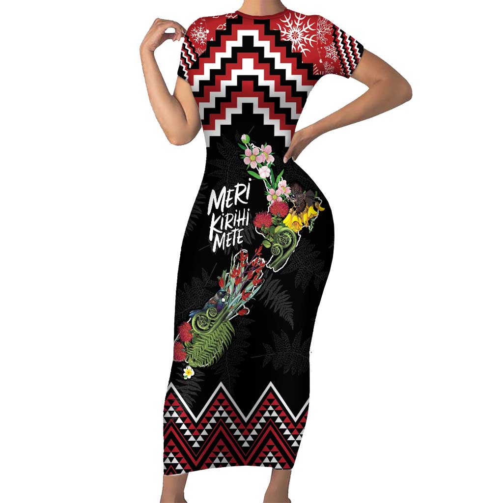 New Zealand Christmas Taniko Poutama Short Sleeve Bodycon Dress Flora Map with Birds LT7 Long Dress Red - Polynesian Pride