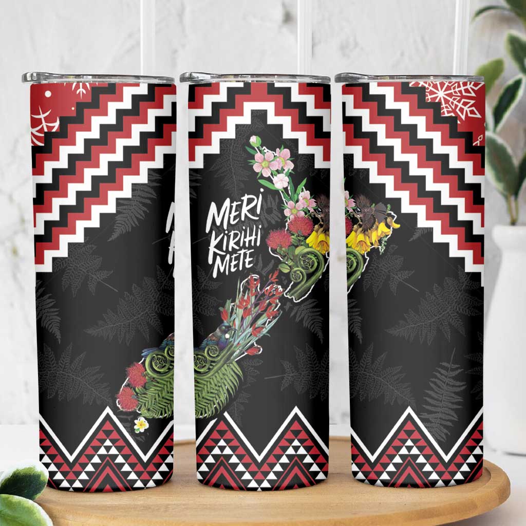 New Zealand Christmas Taniko Poutama Skinny Tumbler Flora Map with Birds - Polynesian Pride