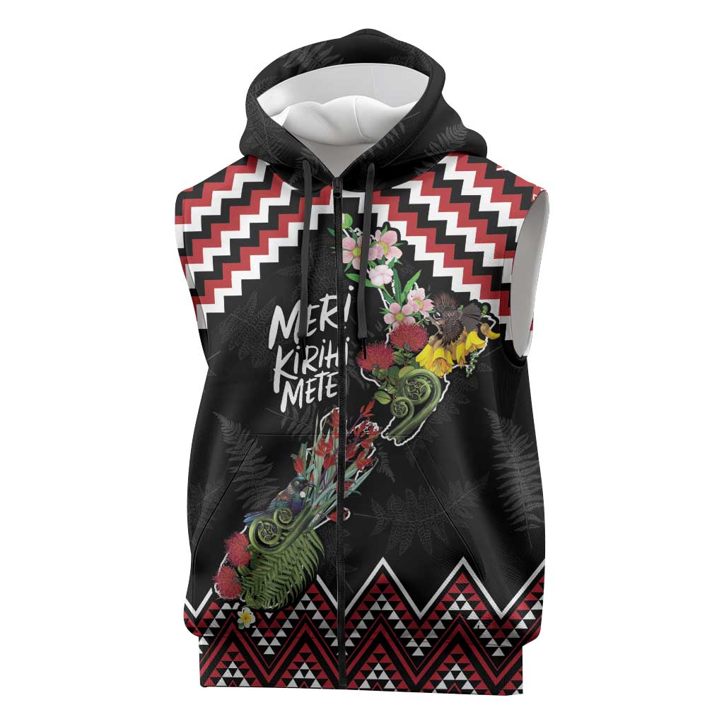 New Zealand Christmas Taniko Poutama Sleeveless Zip Hoodie Flora Map with Birds LT7 Red - Polynesian Pride