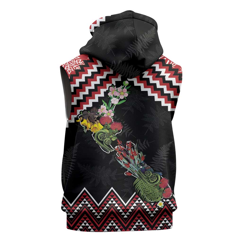 New Zealand Christmas Taniko Poutama Sleeveless Zip Hoodie Flora Map with Birds LT7 - Polynesian Pride