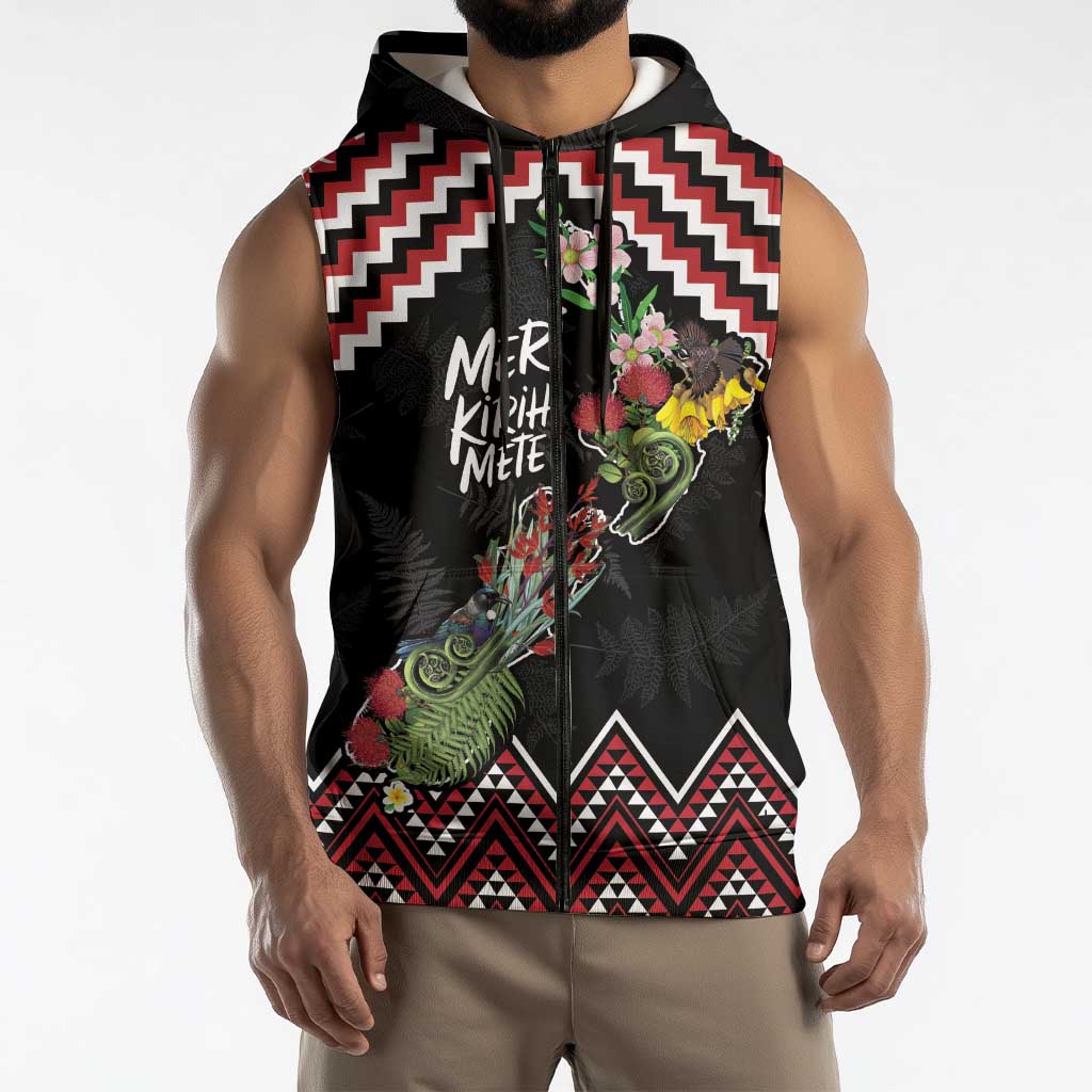 New Zealand Christmas Taniko Poutama Sleeveless Zip Hoodie Flora Map with Birds LT7 - Polynesian Pride