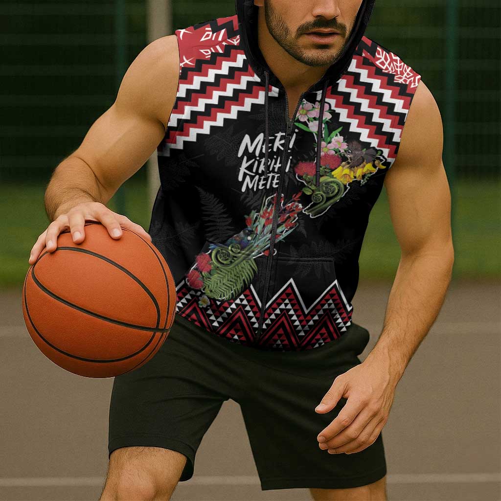 New Zealand Christmas Taniko Poutama Sleeveless Zip Hoodie Flora Map with Birds LT7 - Polynesian Pride