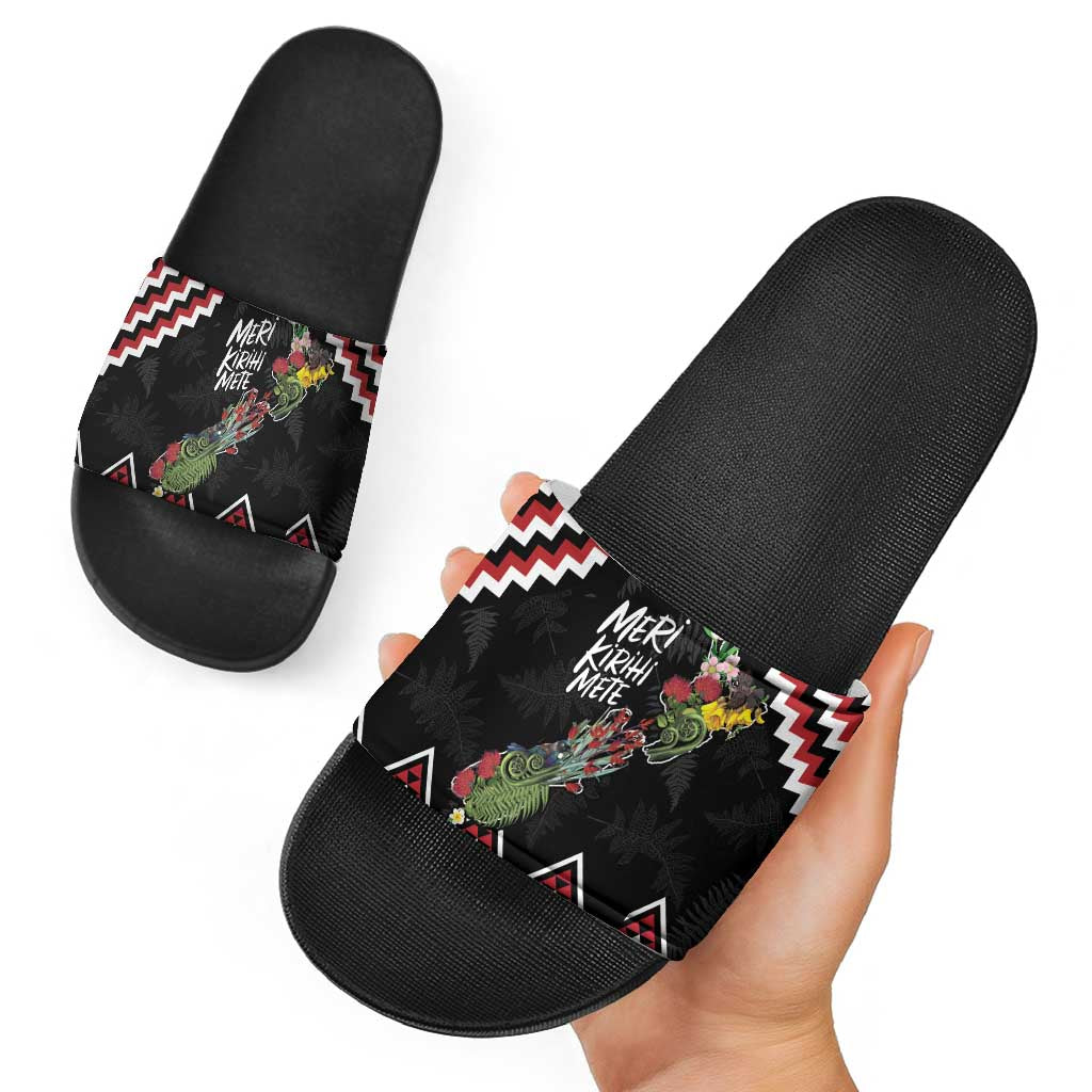 New Zealand Christmas Taniko Poutama Slide Sandals Flora Map with Birds - Polynesian Pride