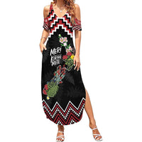 New Zealand Christmas Taniko Poutama Summer Maxi Dress Flora Map with Birds LT7 Women Red - Polynesian Pride