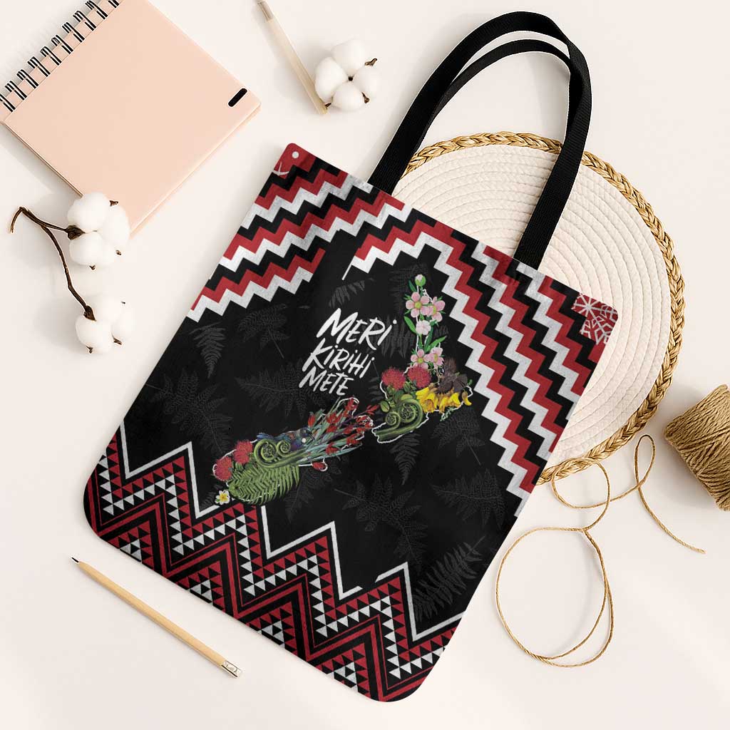 New Zealand Christmas Taniko Poutama Tote Bag Flora Map with Birds - Polynesian Pride