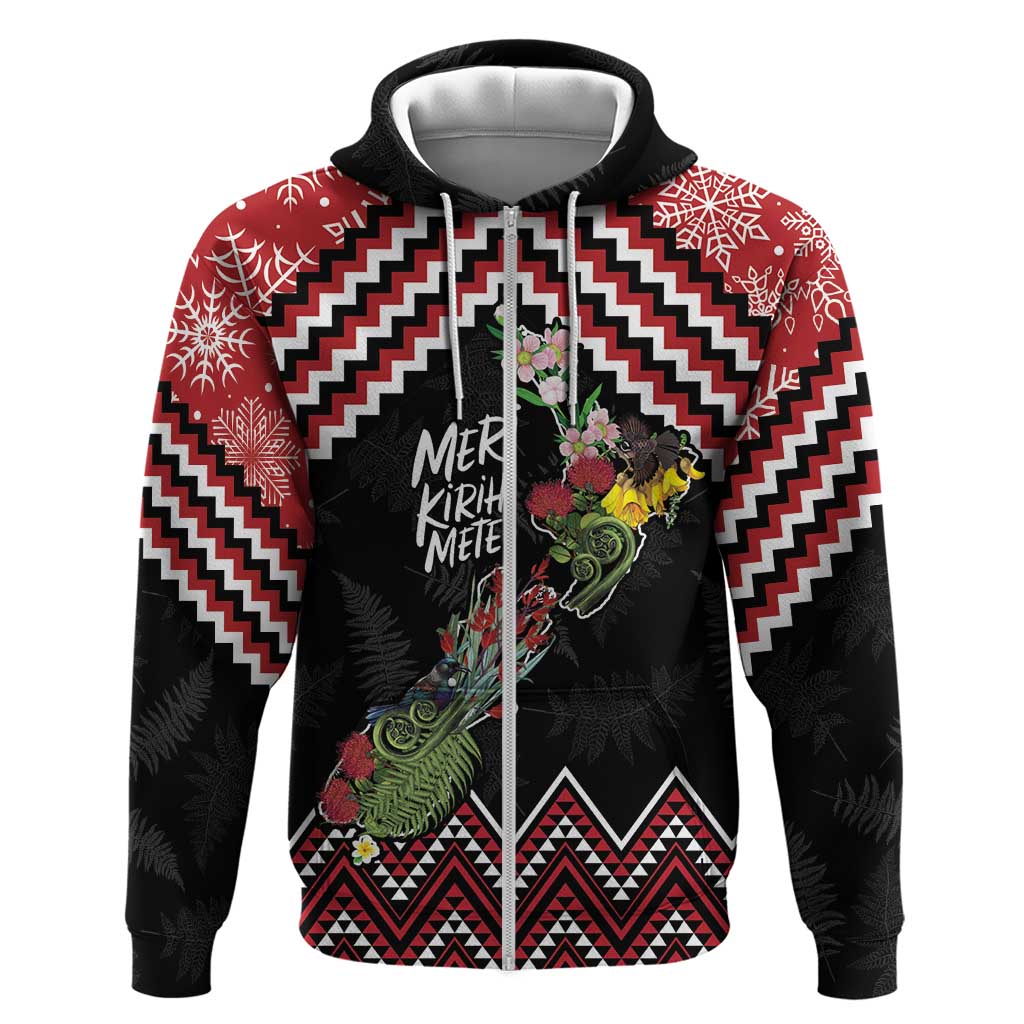 New Zealand Christmas Taniko Poutama Zip Hoodie Flora Map with Birds LT7 Zip Hoodie Red - Polynesian Pride