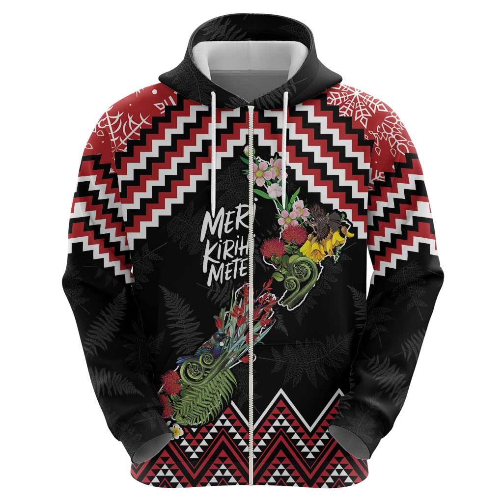 New Zealand Christmas Taniko Poutama Zip Hoodie Flora Map with Birds LT7 - Polynesian Pride