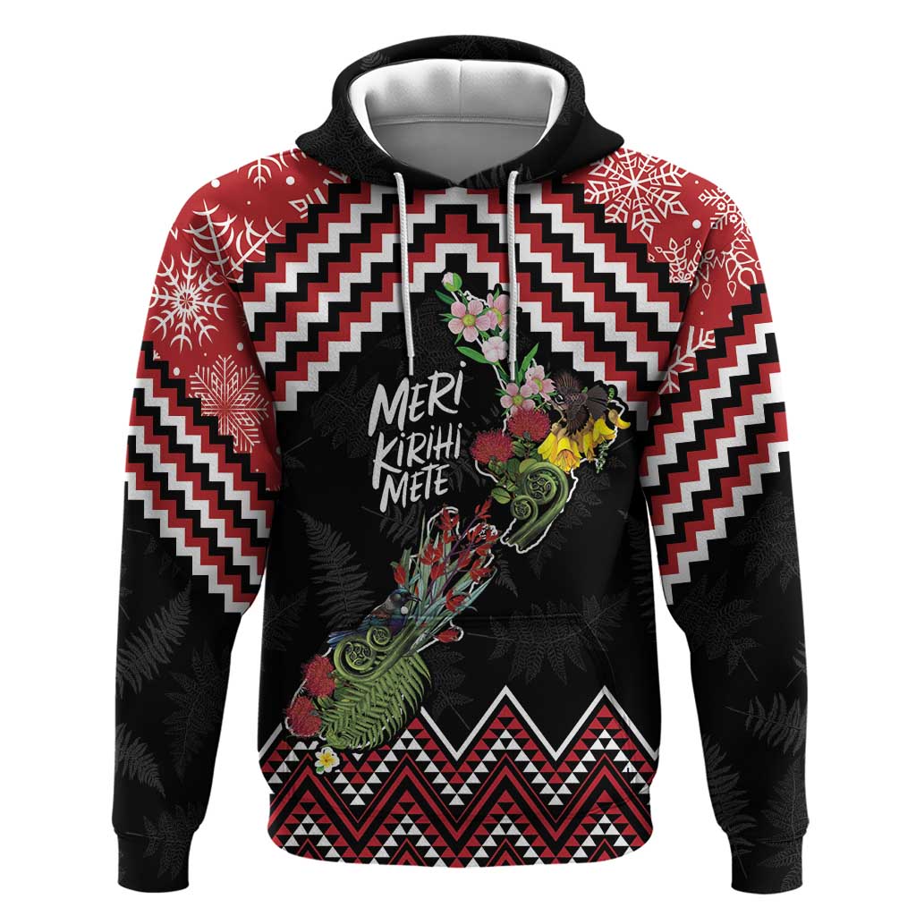 New Zealand Christmas Taniko Poutama Zip Hoodie Flora Map with Birds LT7 Pullover Hoodie Red - Polynesian Pride