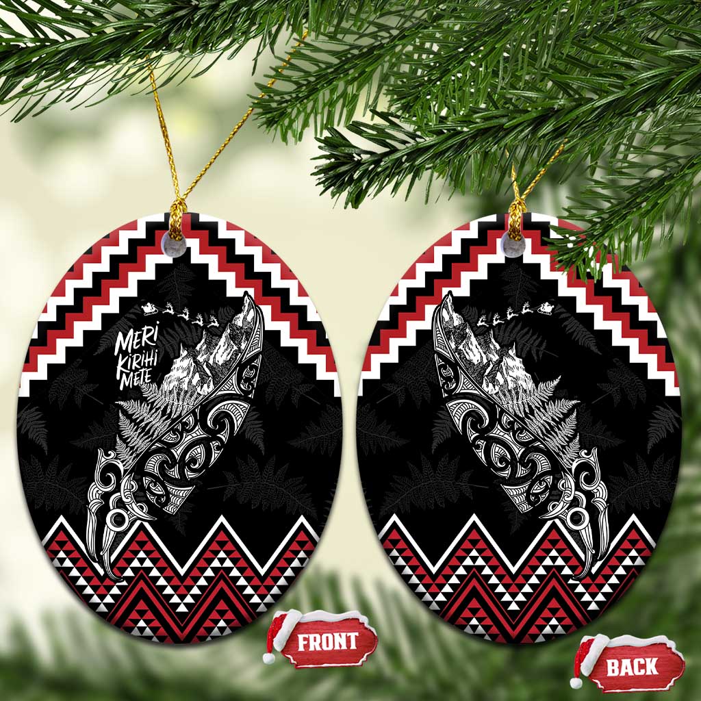 New Zealand Christmas Taniko Poutama Ceramic Ornament Mountainscape Maori Fern LT7 Oval Black - Polynesian Pride