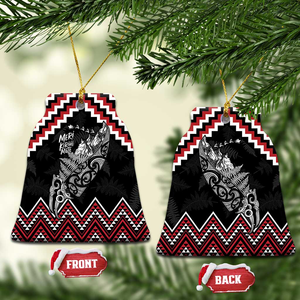New Zealand Christmas Taniko Poutama Ceramic Ornament Mountainscape Maori Fern LT7 Bell Flake Black - Polynesian Pride