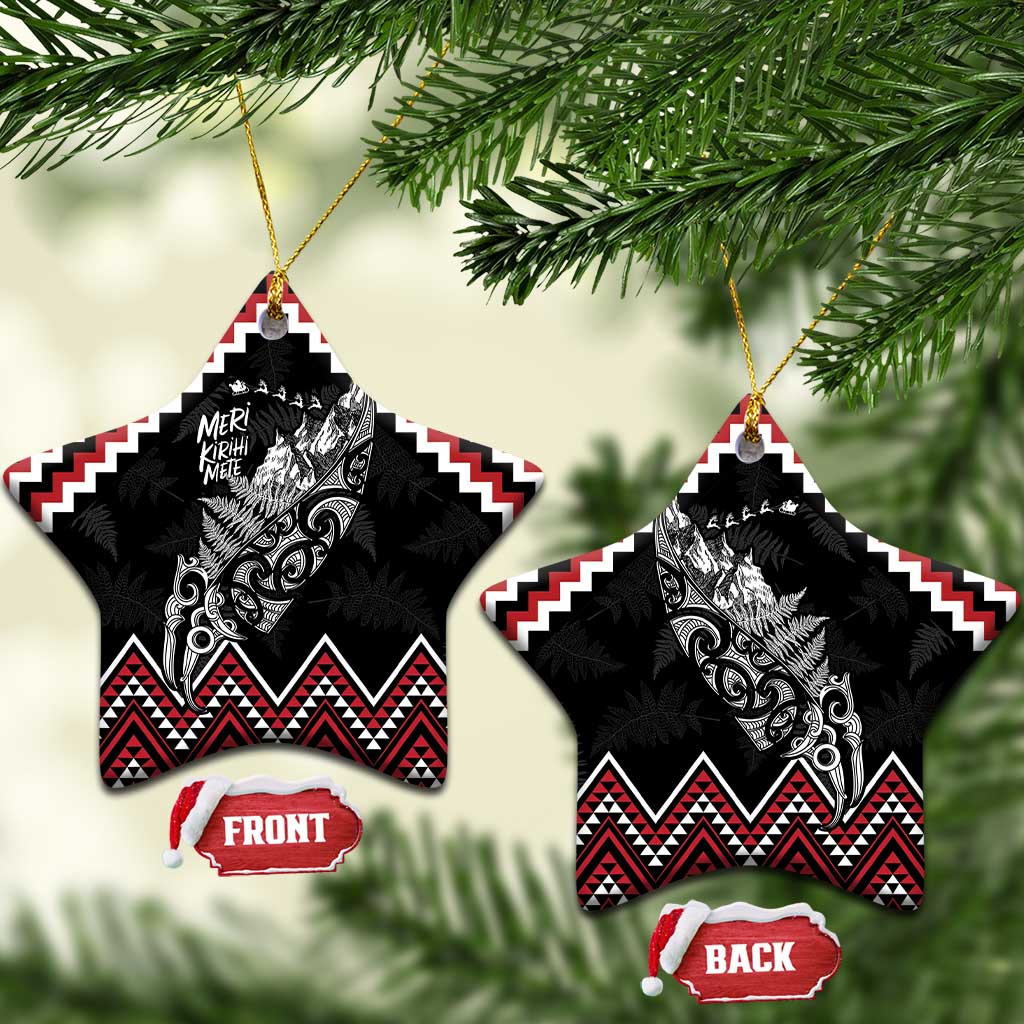 New Zealand Christmas Taniko Poutama Ceramic Ornament Mountainscape Maori Fern LT7 Star Black - Polynesian Pride