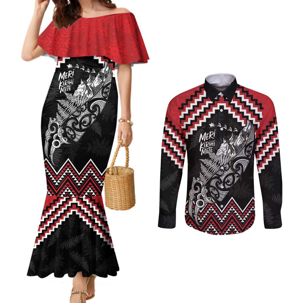 New Zealand Christmas Taniko Poutama Couples Matching Mermaid Dress and Long Sleeve Button Shirt Mountainscape Maori Fern - Polynesian Pride