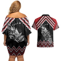 New Zealand Christmas Taniko Poutama Couples Matching Off Shoulder Short Dress and Hawaiian Shirt Mountainscape Maori Fern - Polynesian Pride