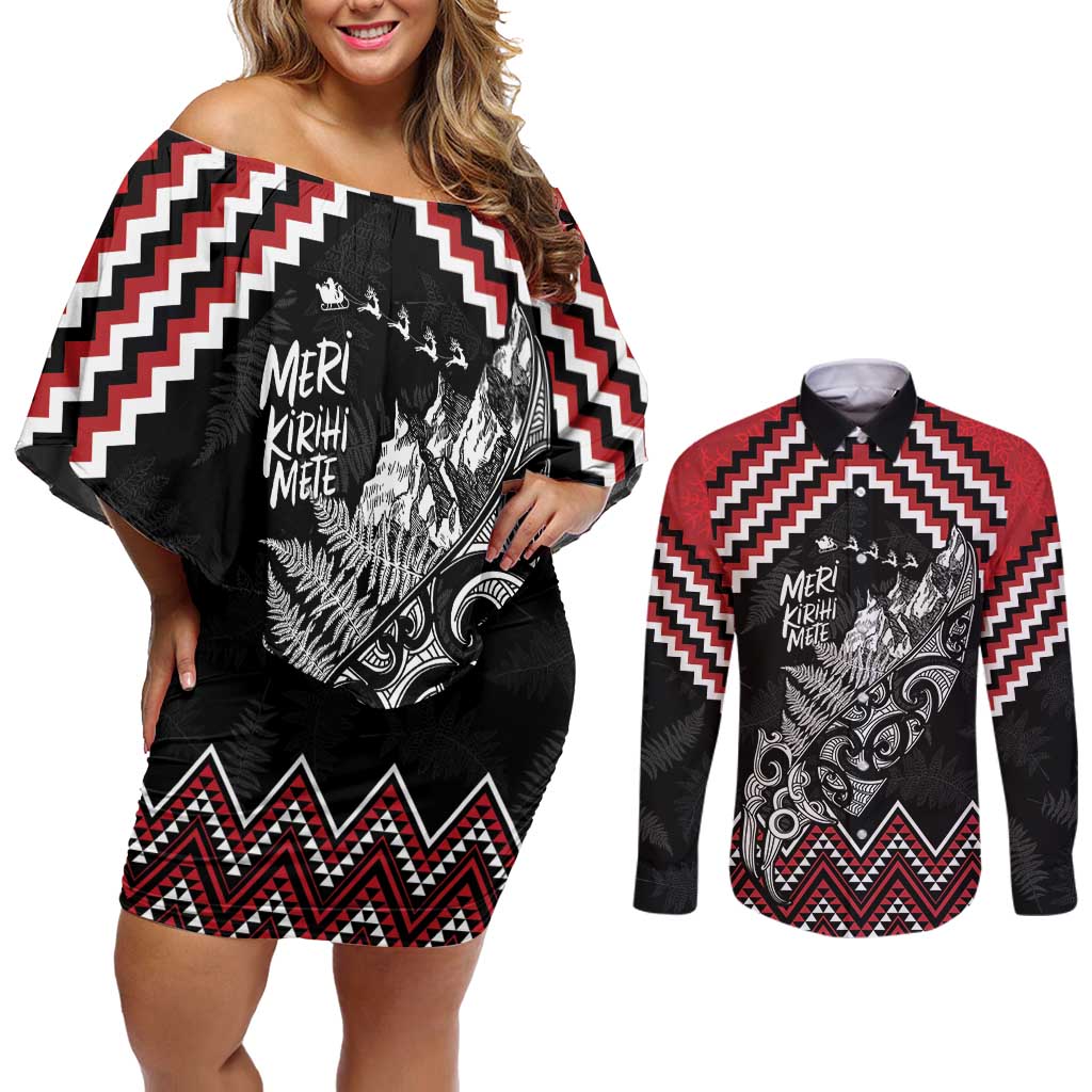 New Zealand Christmas Taniko Poutama Couples Matching Off Shoulder Short Dress and Long Sleeve Button Shirt Mountainscape Maori Fern - Polynesian Pride
