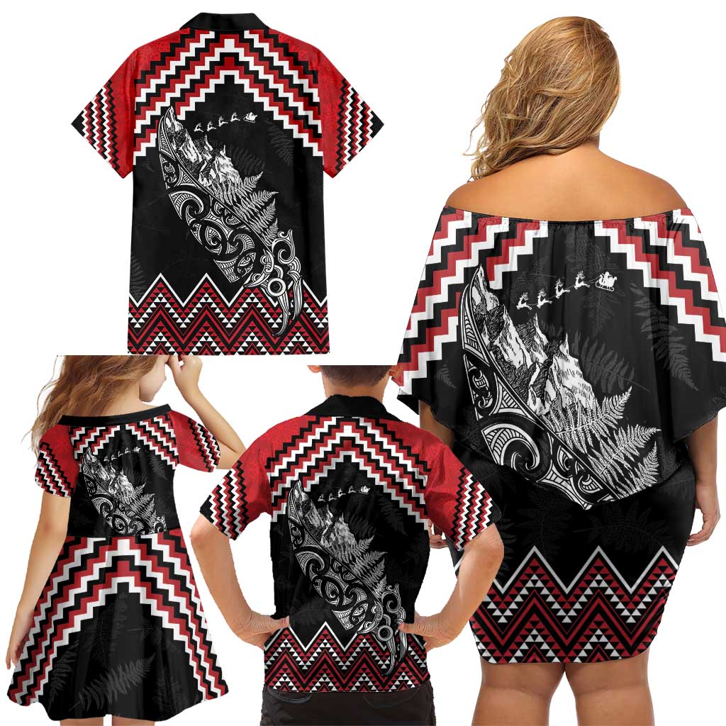 New Zealand Christmas Taniko Poutama Family Matching Off Shoulder Short Dress and Hawaiian Shirt Mountainscape Maori Fern - Polynesian Pride