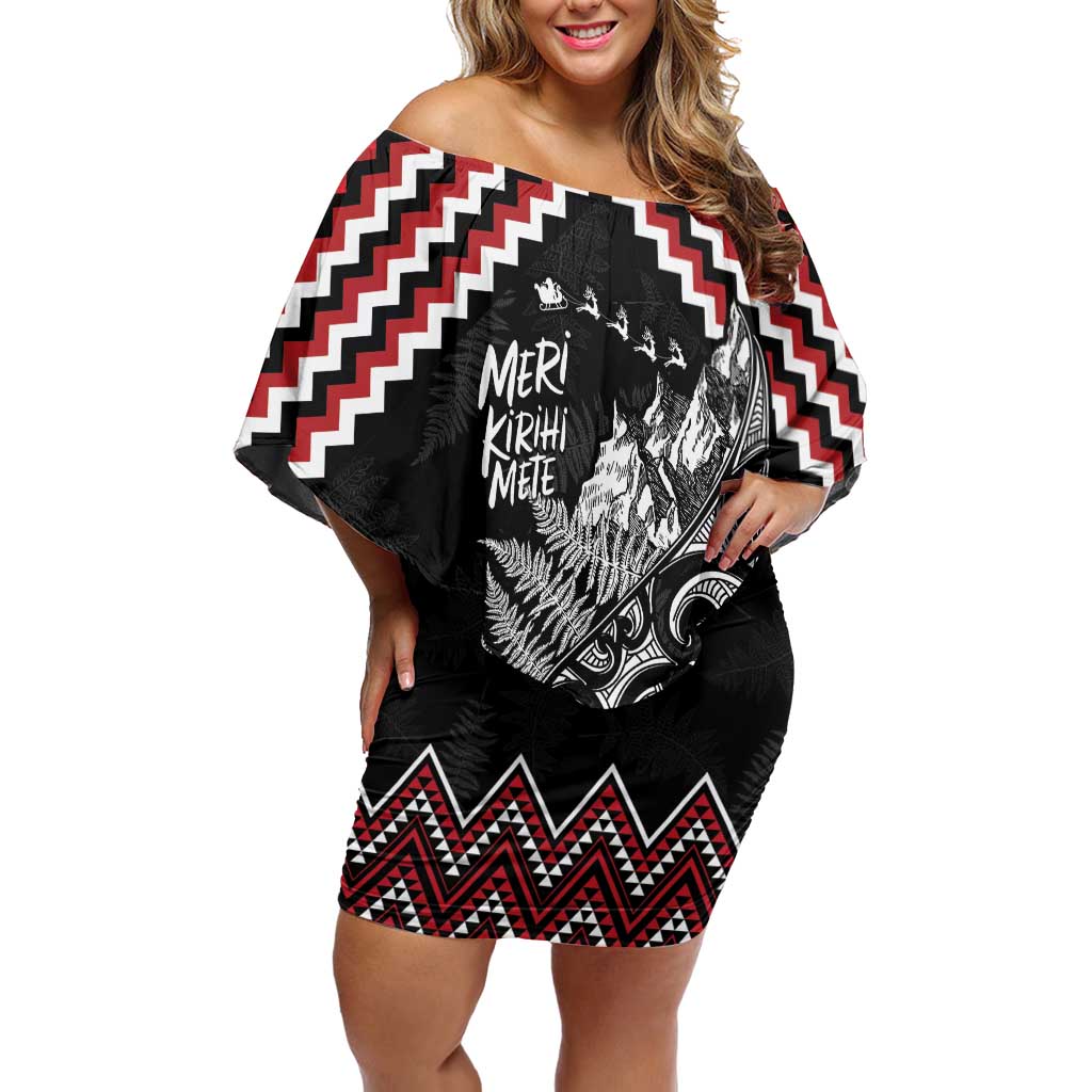 New Zealand Christmas Taniko Poutama Off Shoulder Short Dress Mountainscape Maori Fern - Polynesian Pride