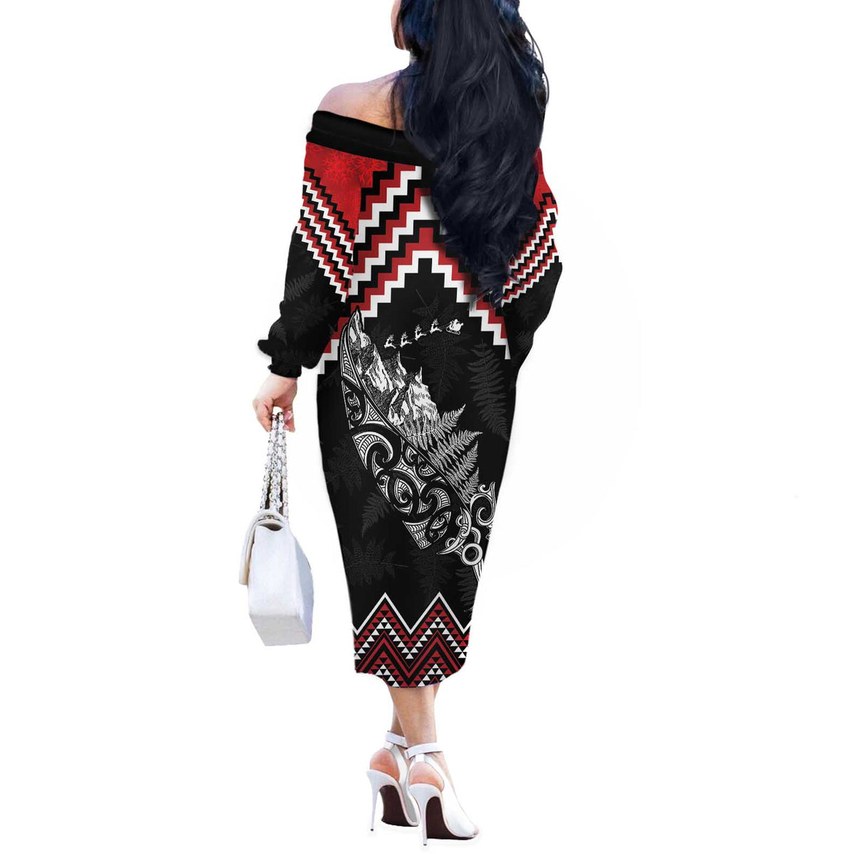 New Zealand Christmas Taniko Poutama Off The Shoulder Long Sleeve Dress Mountainscape Maori Fern LT7 - Polynesian Pride