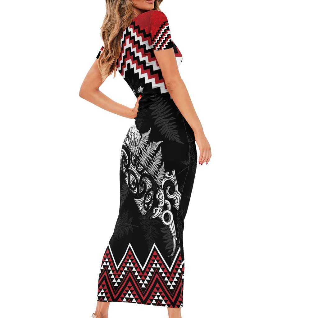 New Zealand Christmas Taniko Poutama Short Sleeve Bodycon Dress Mountainscape Maori Fern - Polynesian Pride