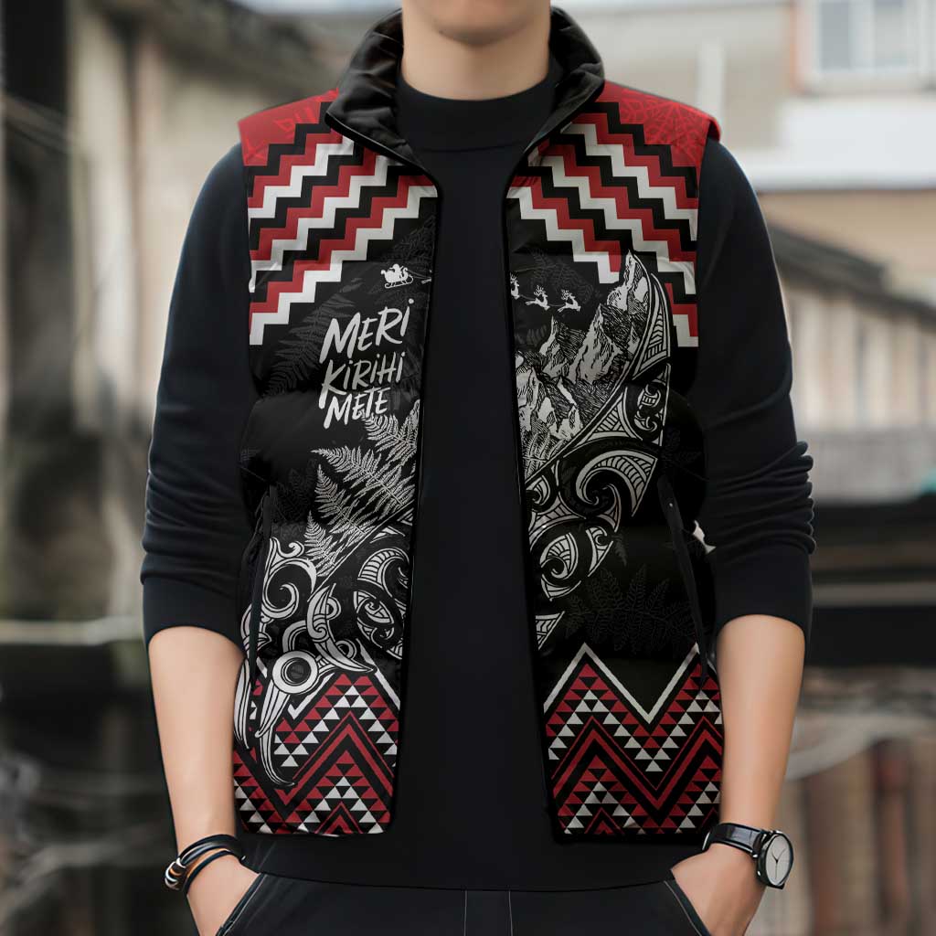 New Zealand Christmas Taniko Poutama Sleeveless Puffer Jacket Mountainscape Maori Fern - Polynesian Pride