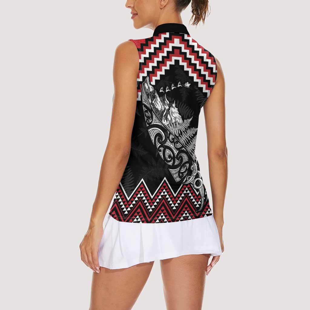 New Zealand Christmas Taniko Poutama Women Sleeveless Polo Shirt Mountainscape Maori Fern - Polynesian Pride